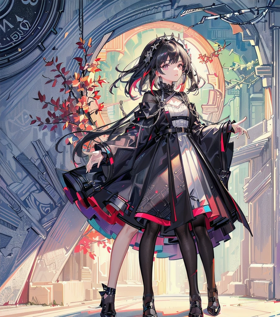 (((Extremely detailed CG unit 8k wallpaper:1.2, Masterpiece, high resolution:1.2, top quality:1.2, on the table))), ((a very beautiful woman, hands in pockets:1.8, Grunge fashion:1.2, wearing a tunic:1.2, Dressed in, wear shoes)), ((The facial details are particularly rich, Highly detailed dark eyes, Extra detailed body, High quality real texture skin)), (A black-haired one, hair length, white skinned, small), ((Colorful geometric pattern wall, colorful wall)), (high angle:1.2, Fisheye:1.3), Surreal, Digital painting,