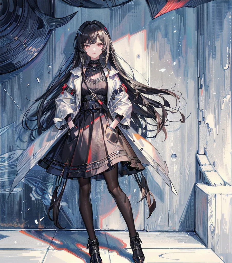 (((Extremely detailed CG unit 8k wallpaper:1.2, ​Masterpiece, high resolution:1.2, top quality:1.2, on the table))), ((a very beautiful woman, hands in pockets:1.8, Grunge fashion:1.2, wearing a tunic:1.2, Dressed in, wear shoes)), ((The facial details are particularly rich, Highly detailed dark eyes, Extra detailed body, High quality real texture skin)), (A black-haired one, hair length, white skinned, small), ((Colorful geometric pattern wall, colorful wall)), (high angle:1.2, Fisheye:1.3), Surreal, Digital painting,