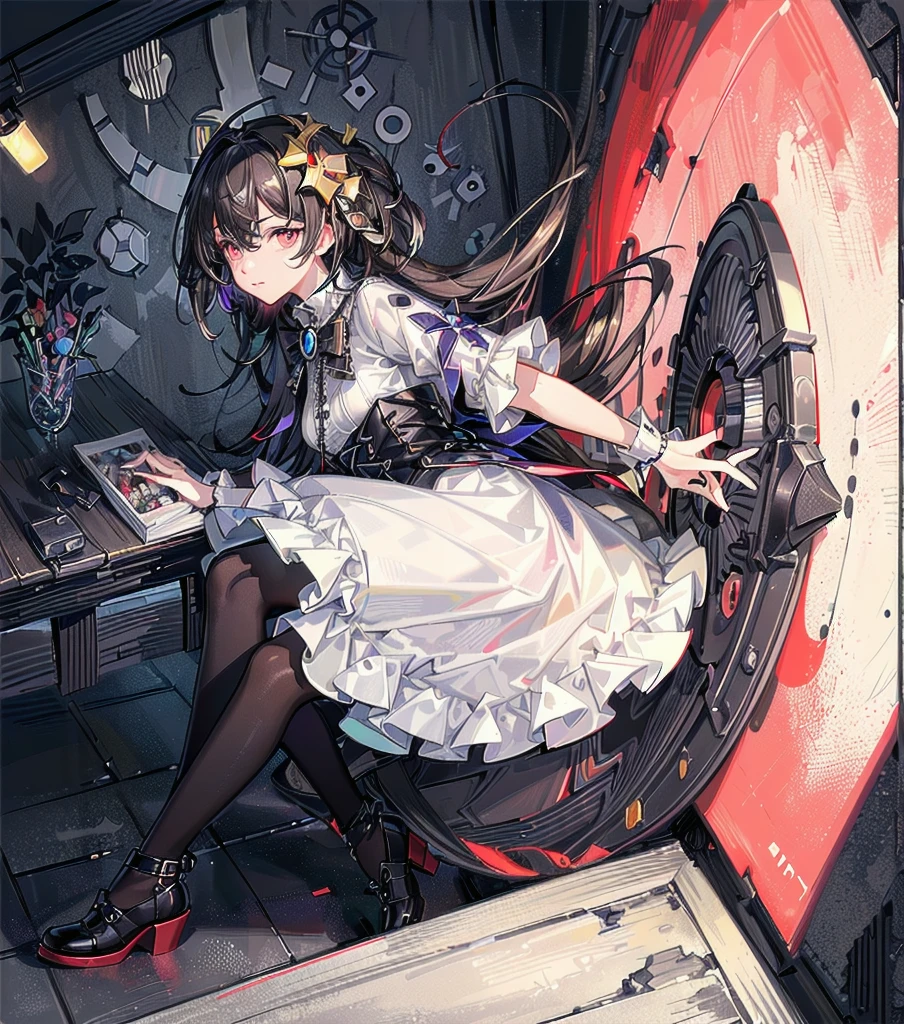 (((Extremely detailed CG unit 8k wallpaper:1.2, Masterpiece, high resolution:1.2, top quality:1.2, on the table))), ((a very beautiful woman, hands in pockets:1.8, Grunge fashion:1.2, wearing a tunic:1.2, Dressed in, wear shoes)), ((The facial details are particularly rich, Highly detailed dark eyes, Extra detailed body, High quality real texture skin)), (A black-haired one, hair length, white skinned, small), ((Colorful geometric pattern wall, colorful wall)), (high angle:1.2, Fisheye:1.3), Surreal, Digital painting,