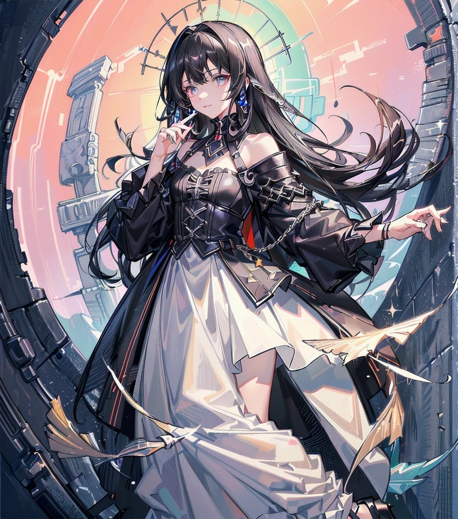 (((Extremely detailed CG unit 8k wallpaper:1.2, Masterpiece, high resolution:1.2, top quality:1.2, on the table))), ((a very beautiful woman, hands in pockets:1.8, Grunge fashion:1.2, wearing a tunic:1.2, Dressed in, wear shoes)), ((The facial details are particularly rich, Highly detailed dark eyes, Extra detailed body, High quality real texture skin)), (A black-haired one, hair length, white skinned, small), ((Colorful geometric pattern wall, colorful wall)), (high angle:1.2, Fisheye:1.3), Surreal, Digital painting,