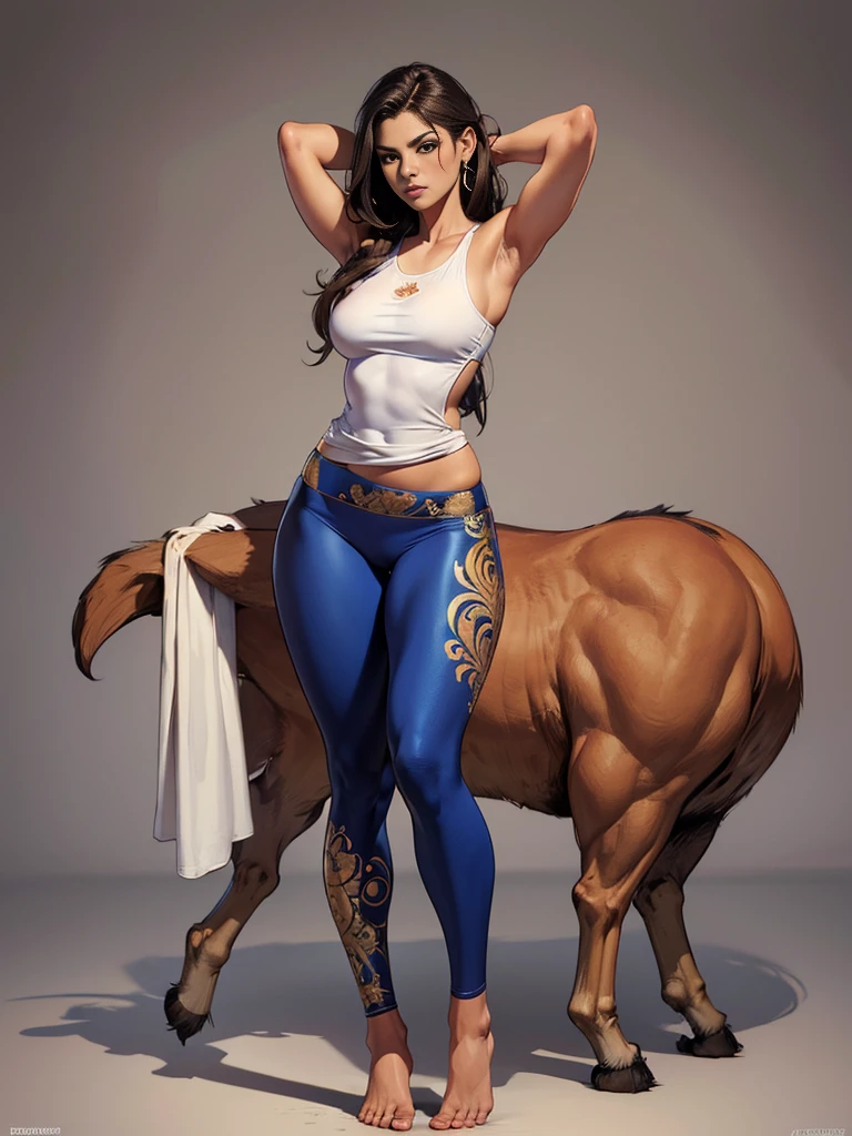 ((best quality)), ((4k)), ((highres)), ((masterpiece:1.2)). ((detailed)), ((ultra realistic)), ((intricate details)), ((full body picture)), ((character design sheet)), ((blank background)), ((standing in a blank background)), a gorgeous indian woman, dressed in a tank top and skin-tight gym leggins , posing with her arms above her head, barefeet ((BAREFEET))