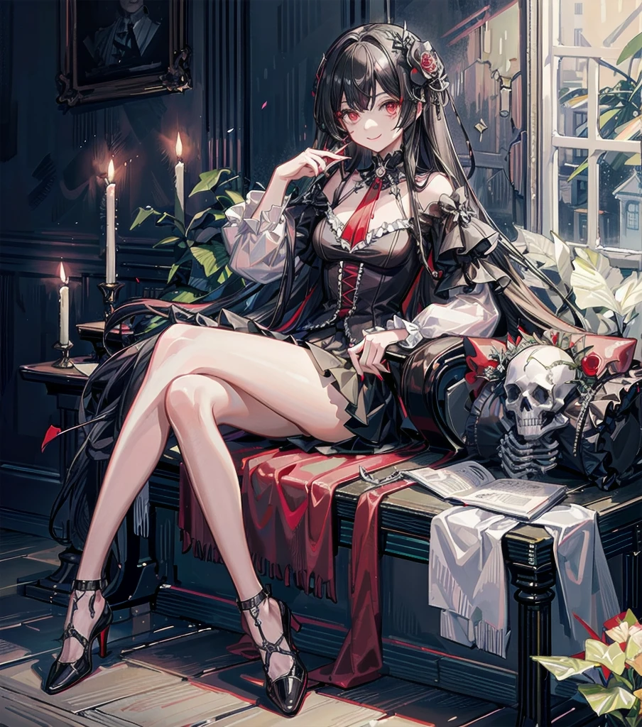 masterpiece, best quality, intricately detailed, a woman, beautiful, elegant, smile, blood, iridescent long hair, bangs, skirt, shirt, long sleeves, frills, shoes, (red and black:1.4), flower, creepy, horror, skulls, long hair, black hair, candle, hair flower, solo, hair ornament, bone, sitting, doll, skull, skeleton, horror (theme)