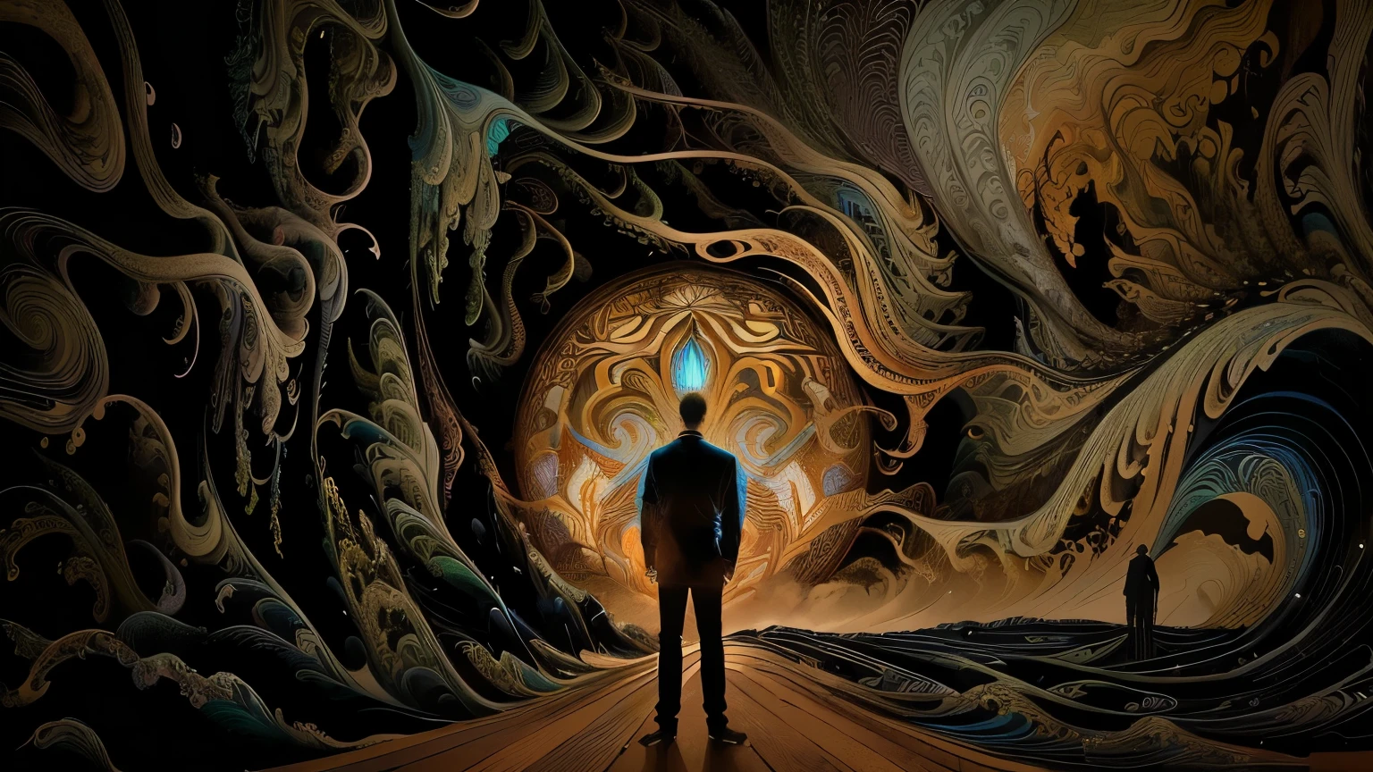 there is a man spirit standing in front of a painting of a man, detailed cover artwork, dan mumford and alex grey style, junji ito 4 k, standing in a maelstrom, highly detailed cover art, el bosco and dan mumford, in the style dan mumford artwork, cover art, dramatic artwork, album cover art, promo art, junji ito artwork