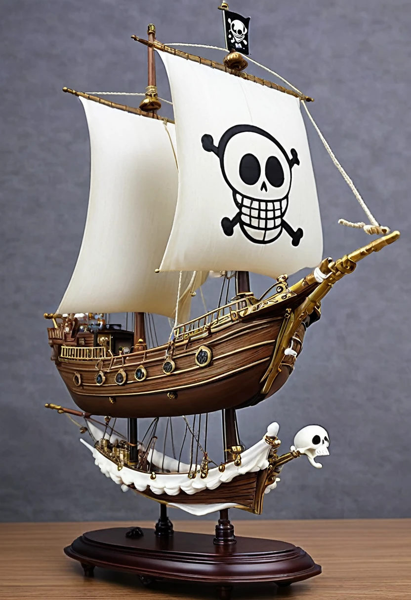 one piece,Going Merry,Realistic,A deformed sheep decoration on the bow,Big skull mark on the sail,masterpiece,Highest quality,Open sea