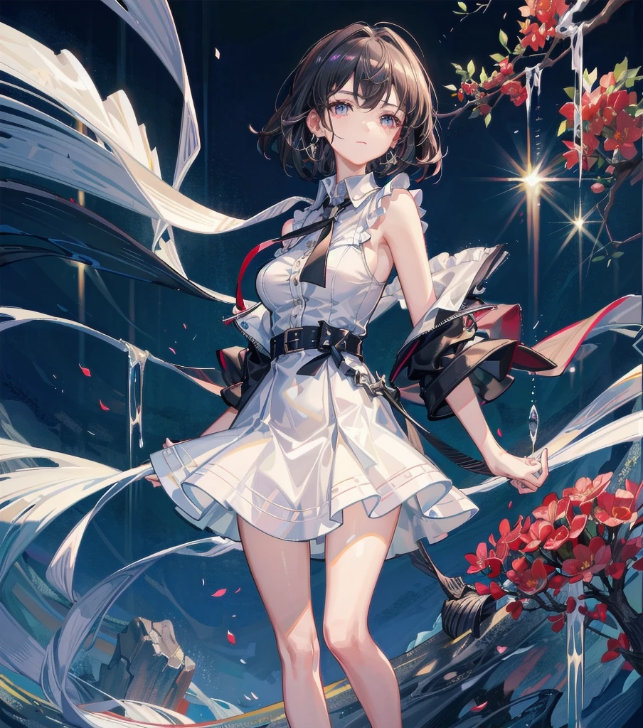 absurdres, RAW photo, extremely delicate and beautiful, masterpiece, Best Quality, ultra high resolution, 16k, hyperrealistic, ultra-detailed, (perfect anatomy), super Detailed skin, perfect figure, Very detailed CG 8k wallpaper, in her 20s, very Slim body, narrow waist, very small head, very small face, delicate facial features, tearful mole, mole on chest, earring, thin legs, (very huge round breasts), 3 girls, full body shot, short medium hair, (((collared shirt dress))), tight skirt, sleeveless,
