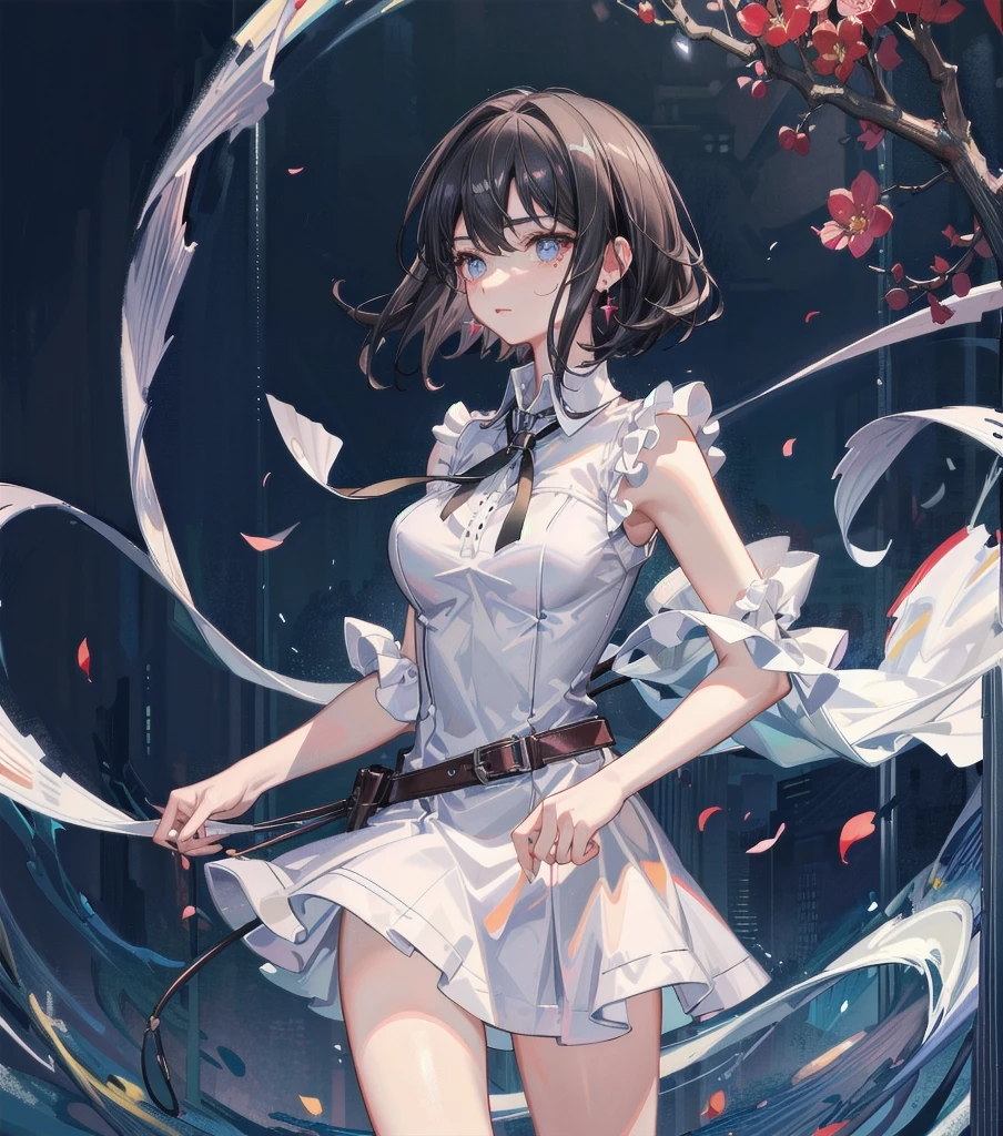 absurdres, RAW photo, extremely delicate and beautiful, masterpiece, Best Quality, ultra high resolution, 16k, hyperrealistic, ultra-detailed, (perfect anatomy), super Detailed skin, perfect figure, Very detailed CG 8k wallpaper, in her 20s, very Slim body, narrow waist, very small head, very small face, delicate facial features, tearful mole, mole on chest, earring, thin legs, (very huge round breasts), 3 girls, full body shot, short medium hair, (((collared shirt dress))), tight skirt, sleeveless,