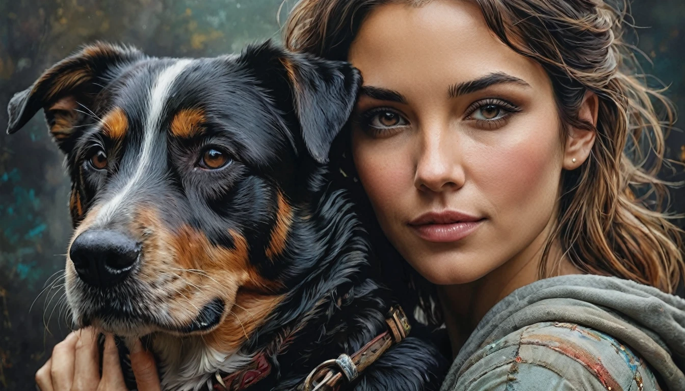 half body,
a woman with her best friend her dog,
dark complex background, style by Thomas Kinkade+David A. Hardy+Carne Griffiths+Mandy Disher half vivid colors fine art, best quality, high detailed, detailed faces, 2d,