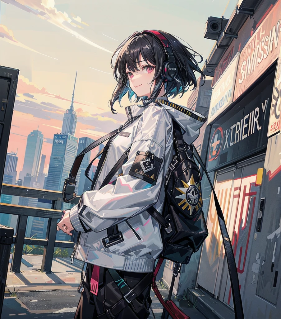 Masterpiece, HDR, unity 8k,anime art, solo girl, young woman,upper body,side Bangs, wide smile, piercing, Bob hair, short black hair, Zipper jacket, oversize jacket:1.2, long jogger pants, white jacket,short Sleeve oversize, distro, natural lighting, town, headset on neck:1.2,gamer style,standing tall, (high angle:1.2),top angle,