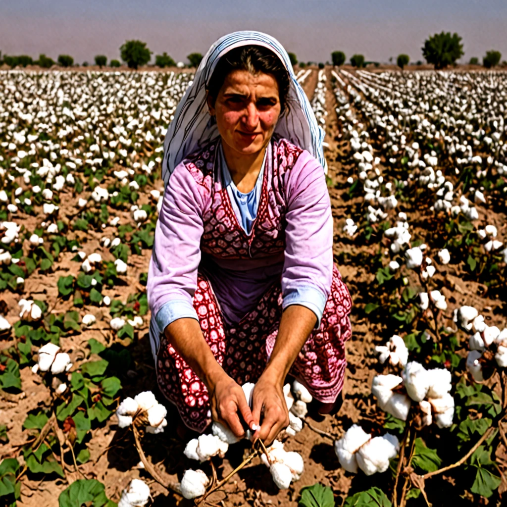 Kurdish Woman picking cotton in cotton land portrait 