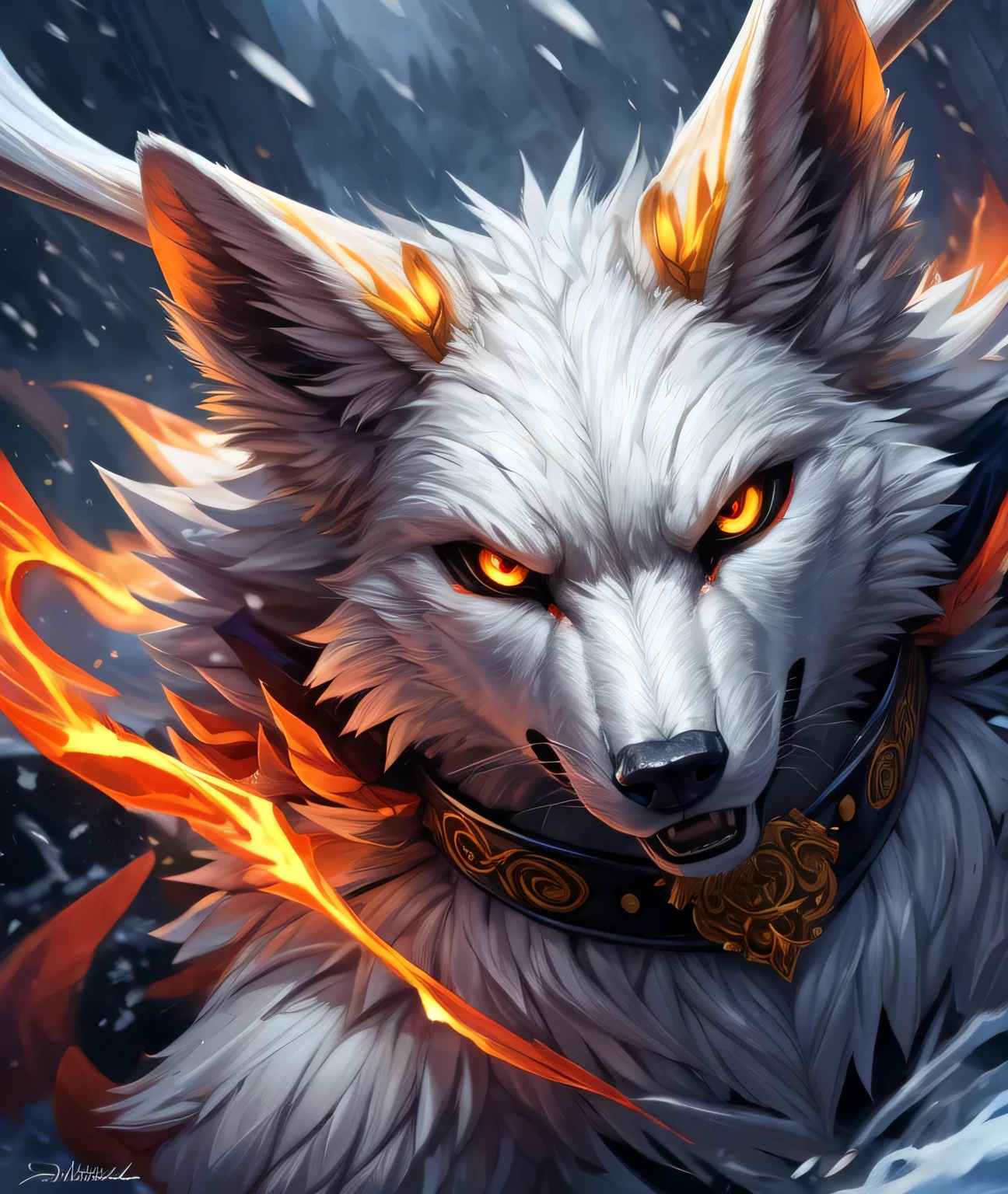 AntlerStyle, A powerful white wolf, angry expression, wearing an ornate leather collar, its eyes ablaze, nostrils flaring, mouth open, close-up, charges towards the viewer through a blizzard-filled landscape, fur whipped by the wind as it runs, creating an impressive display of snow flying around its fury form, highly detailed eyes, style of Wlop and Greg Rutkowski and Guweiz,