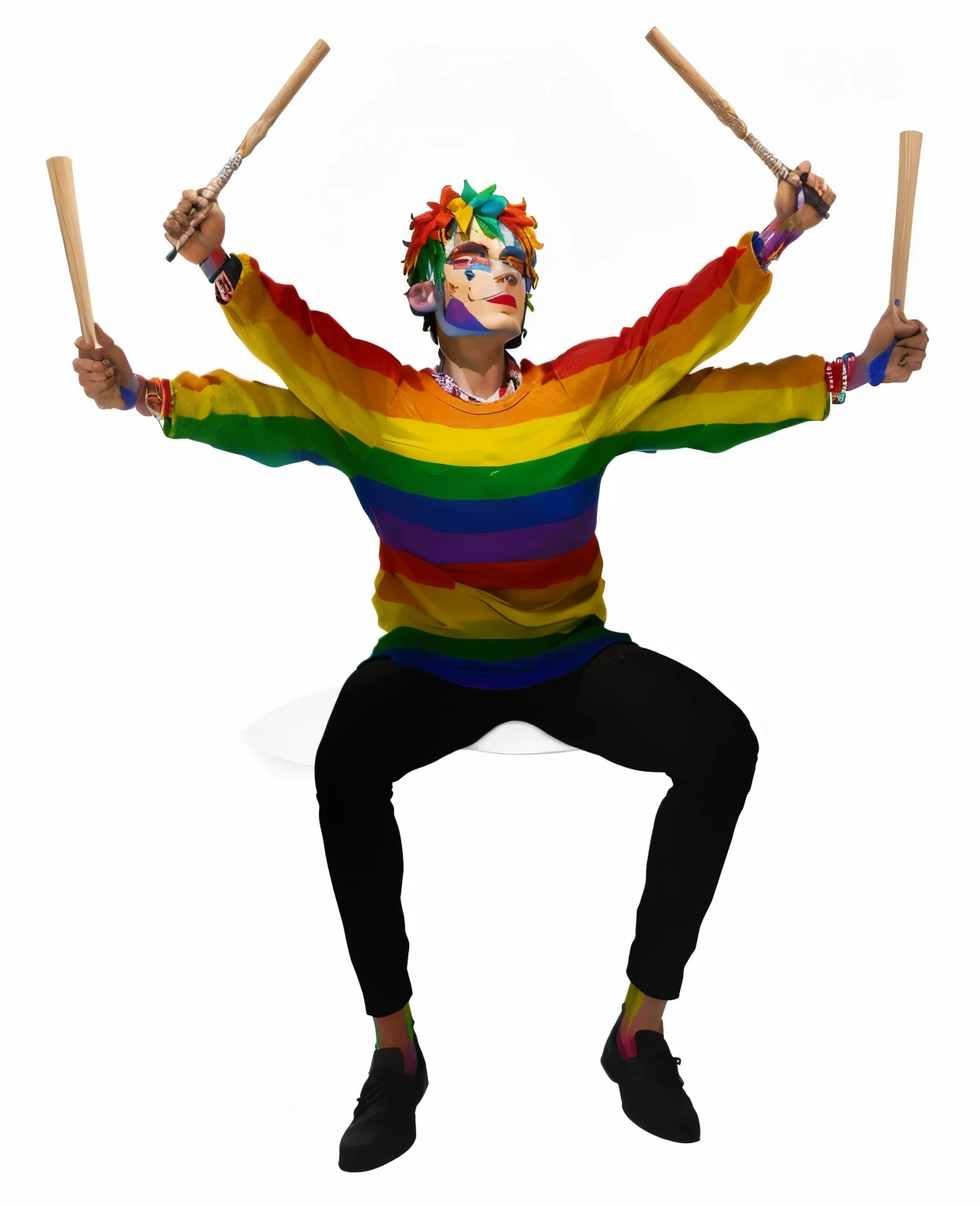 arafed clay sculpture of man with a multicolored shirt and drums, 3 d render of jerma 9 8 5, sitting on top of a rainbow, gay rights, inspired by Kurt Trampedach, made out of clay, holding a pudica pose, dnd render of a man, weird expressionist pose, lgbt art, gay pride, rainbowshift, lgbt