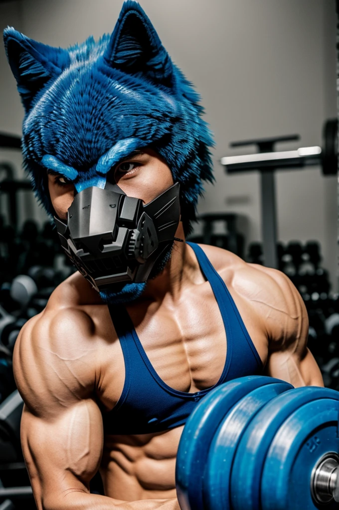 anime boy with blue wolf mask with a dumbbell