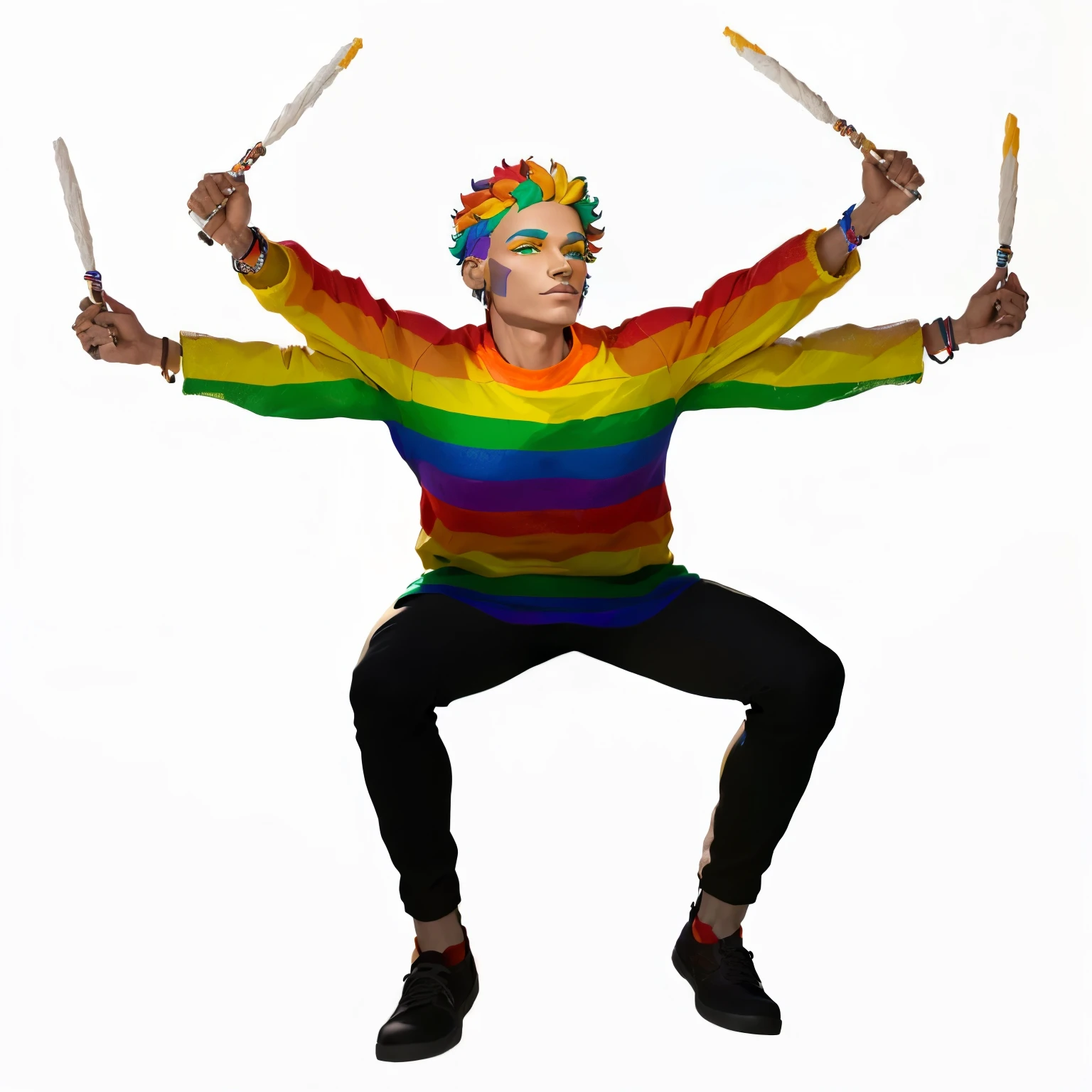 arafed clay sculpture of man with a multicolored shirt and drums, 3 d render of jerma 9 8 5, sitting on top of a rainbow, gay rights, inspired by Kurt Trampedach, made out of clay, holding a pudica pose, dnd render of a man, weird expressionist pose, lgbt art, gay pride, rainbowshift, lgbt