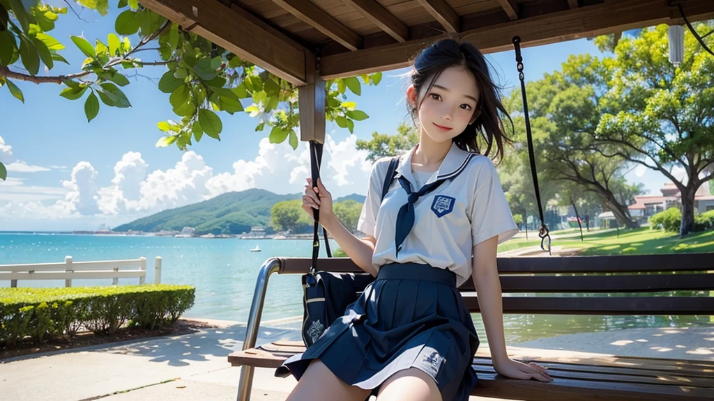 beautiful japanese high school girl　complex colored black hair　ponytail　Magical beautiful eyes　smooth soft skin　gentle smile　（school uniform:1.5)　navy pleated skirt　mini skirt　I can see a little of your belly button　（Walking by the pool：1.３）　summer sunshine　clear blue pool　Professional photographer　professional lighting　（whole body：1.5）