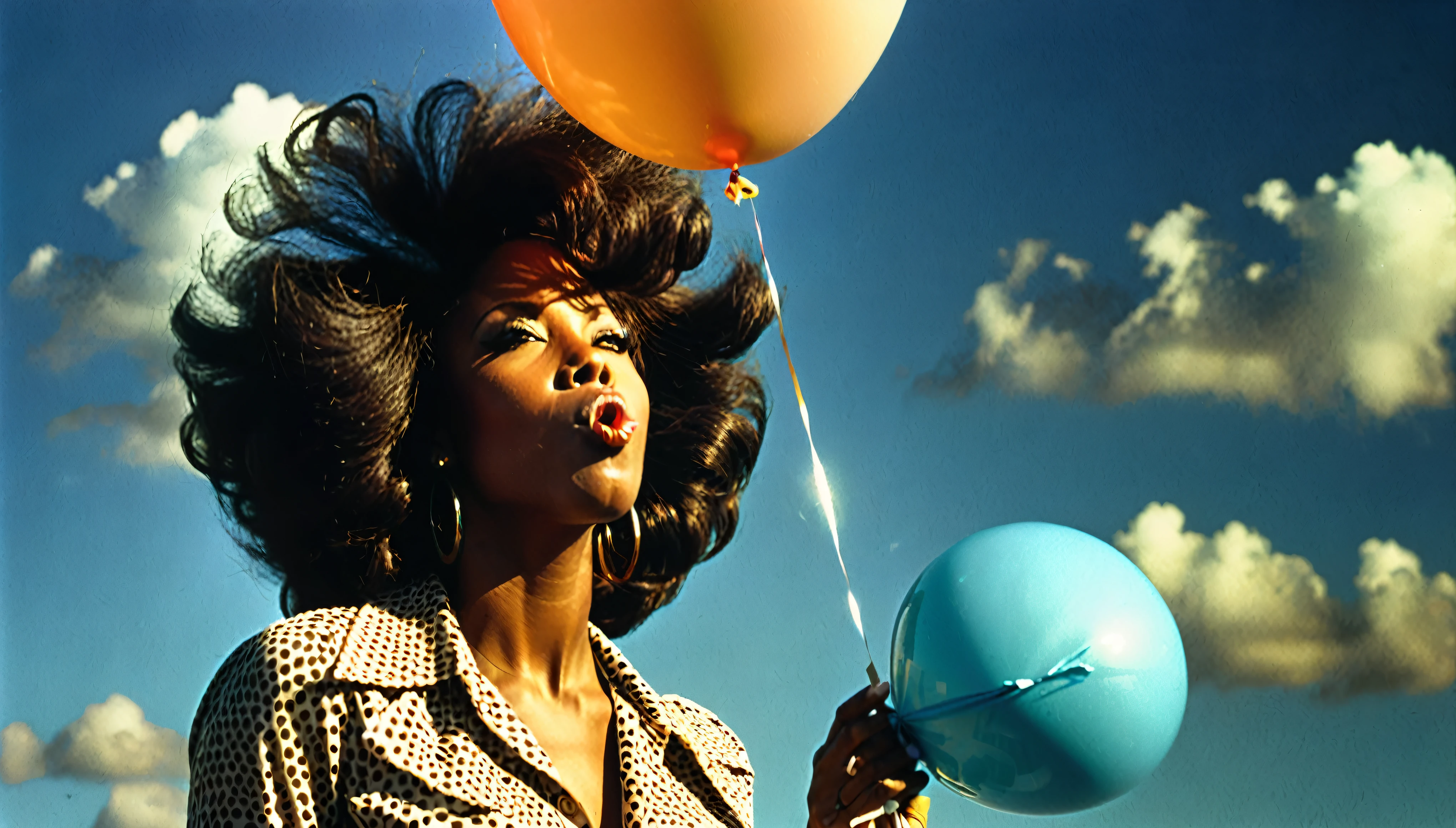 1970s photo of a beautiful african-american woman blowing up a balloon, atmospheric perspective, textured skin, cinematic action, super detail,