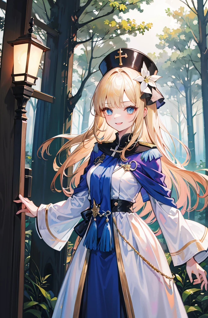 (Standing painting: 1.2) + (1girl:1.5)+ golden hair + princess cut + white knight uniform + detailed eyes and nose + deep blue eyes +  white battle uniform + domineering, masterpiece, best quality,evil smile,holy,((forest background)),adult,