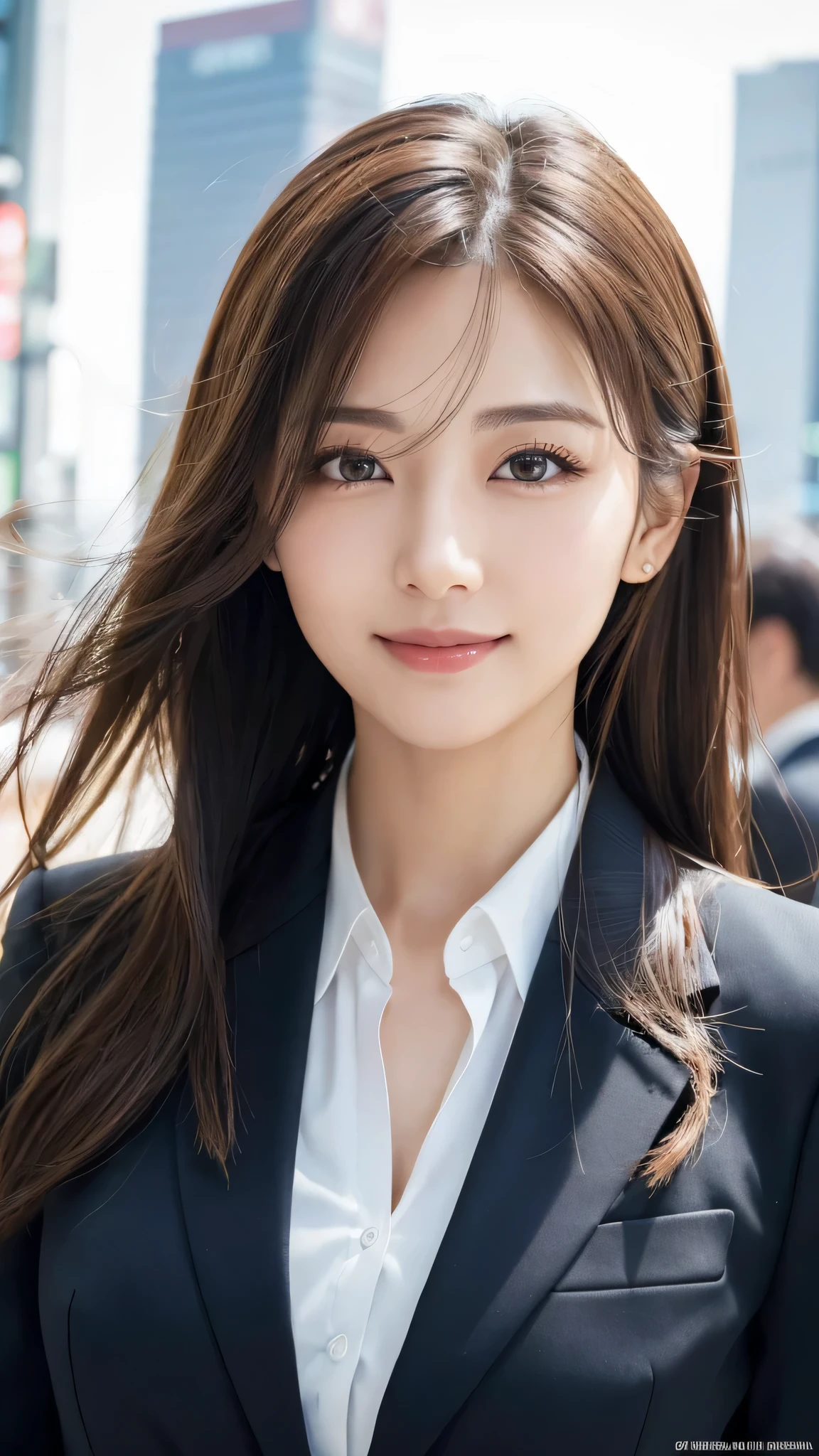 highest quality、genuine、Super detailed、finely、High resolution、8k wallpaper、one beautiful woman、、、light brown disheveled hair、wearing a business suit、sharp focus、perfect dynamic composition、beautiful and detailed eyes、thin hair、Detailed genuine skin texture、smile、model body shape、In Tokyo at morning、