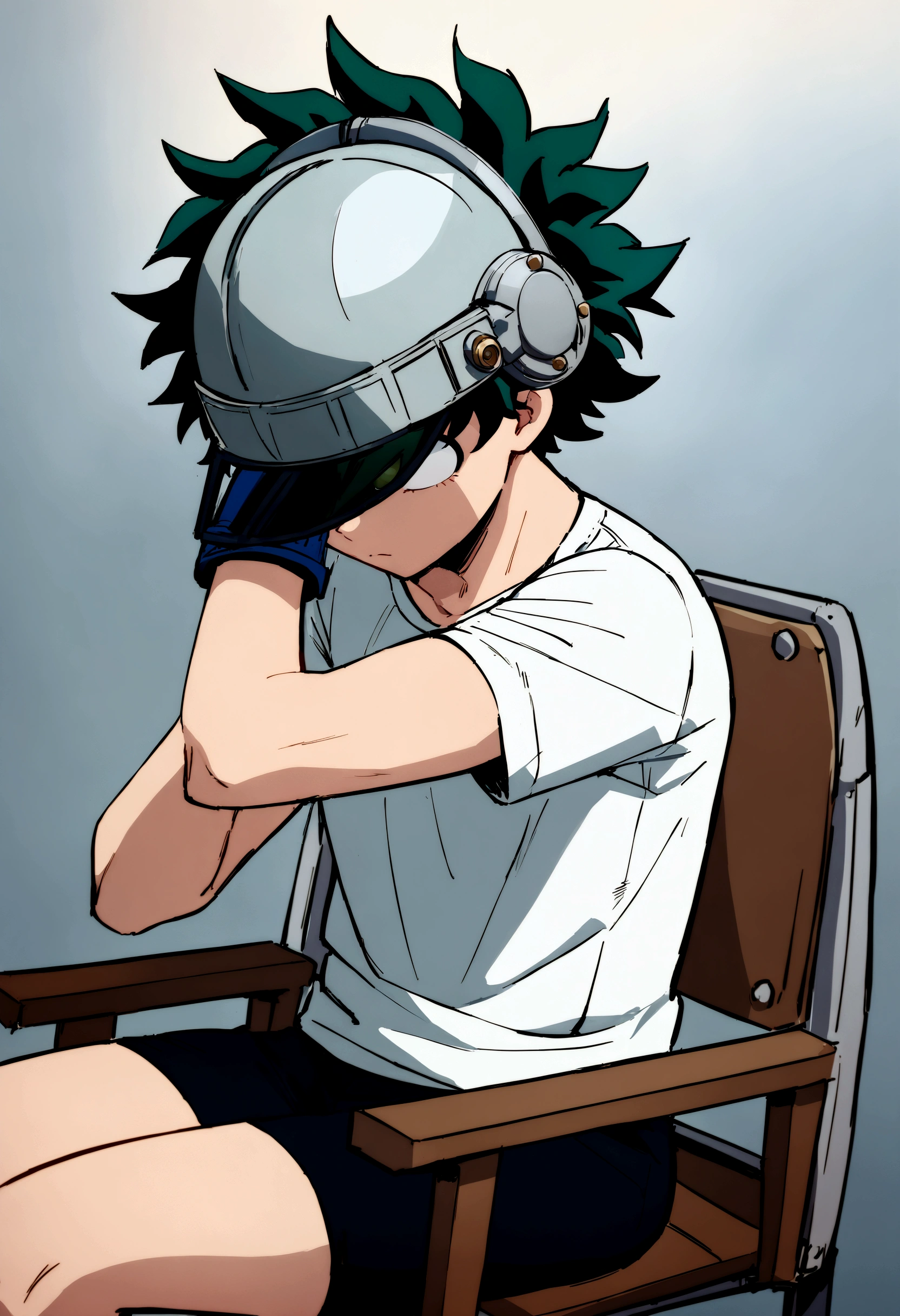 (masterpiece, best quality:1.2), solo, male focus, 1boy, midoriya izuku, short green hair, green eyes, white t-shirt, black shorts, domed helmet with visor covering eyes, mind control device, blank expression, relaxed body posture, sitting in chair, anime style, my hero academia style