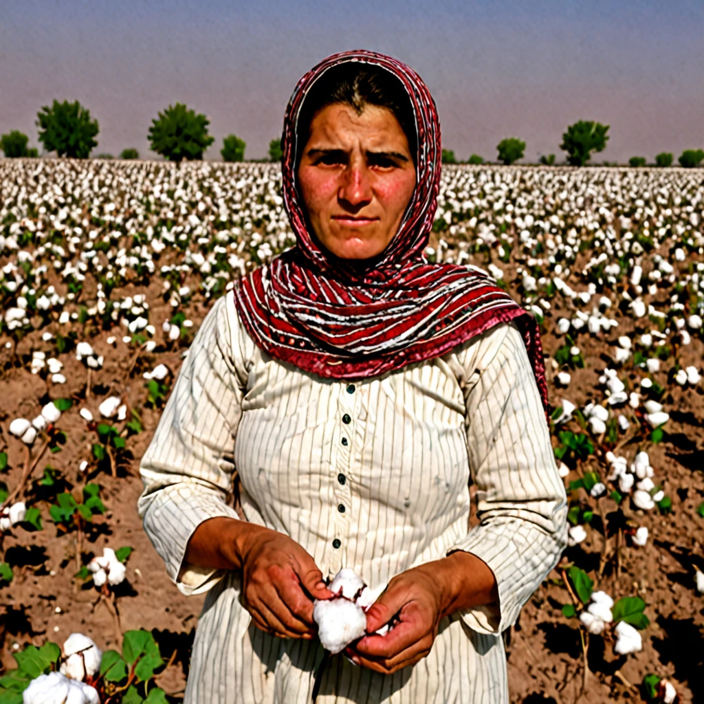 Kurdish woman in hijab nude picking cotton in cotton land 