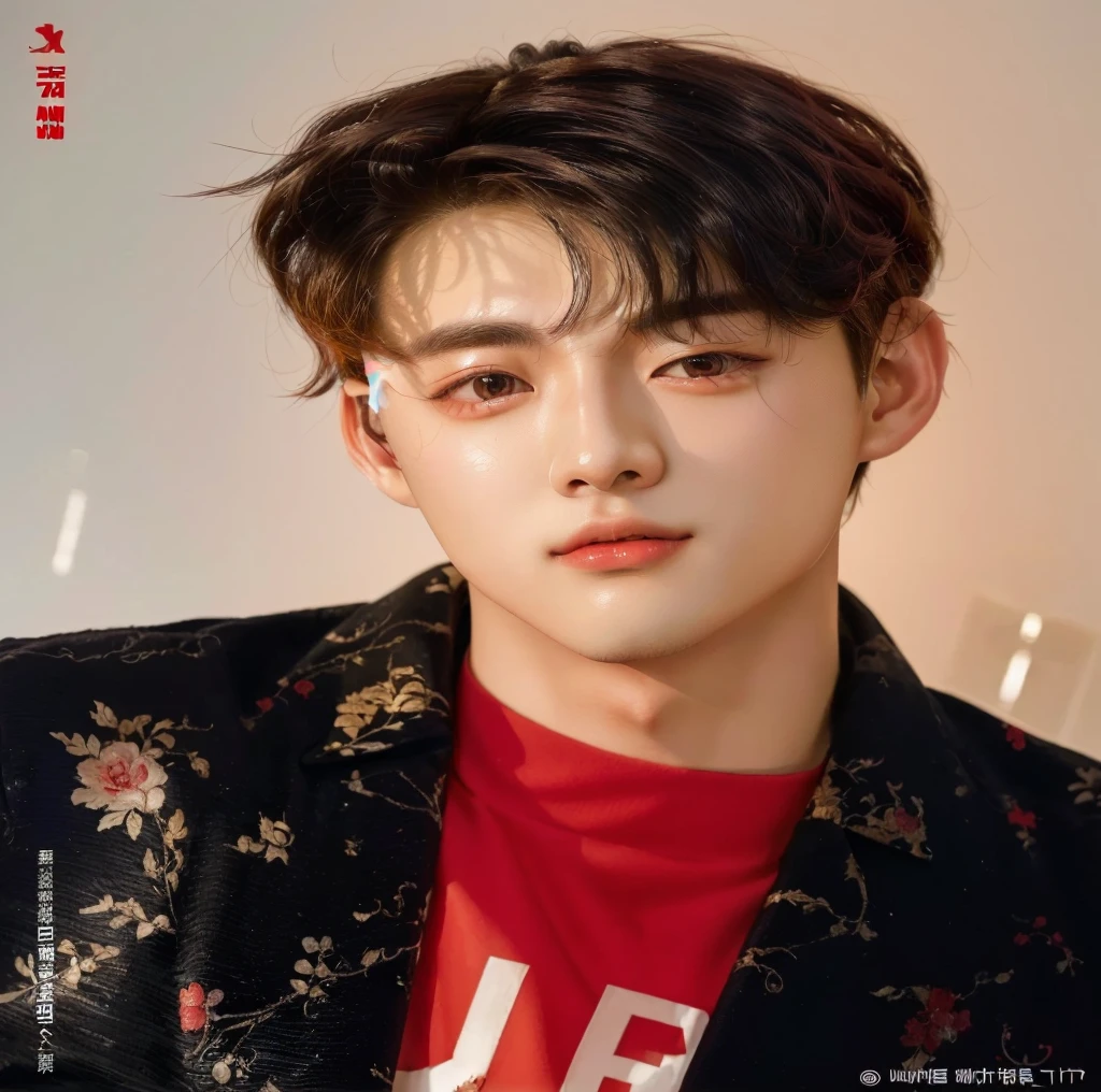 a close up of a person wearing a jacket and a red shirt, jinyoung shin, cai xukun, portrait of kpop idol, hyung tae, yanjun chengt, inspired by Bian Shoumin, mark lee, jinyoung shin aesthetic, hong june hyung, young wan angel, jung jaehyun, ten lee, wan adorable korean face, kim doyoung, closeup portrait shot