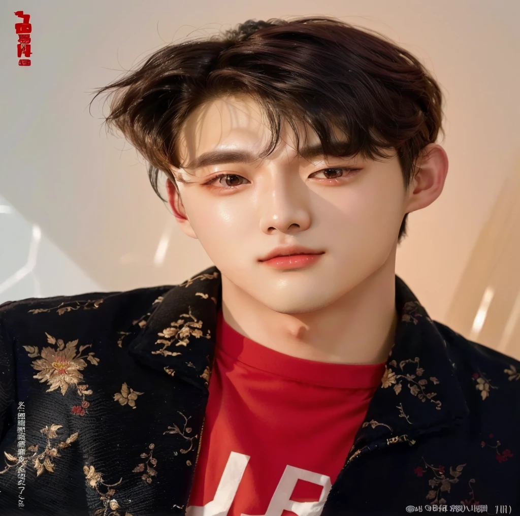 a close up of a person wearing a jacket and a red shirt, jinyoung shin, cai xukun, portrait of kpop idol, hyung tae, yanjun chengt, inspired by Bian Shoumin, mark lee, jinyoung shin aesthetic, hong june hyung, young wan angel, jung jaehyun, ten lee, wan adorable korean face, kim doyoung, closeup portrait shot