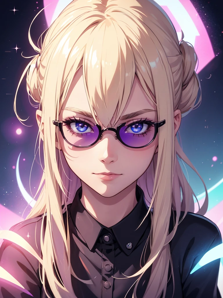 Woman, age 20, blonde hair, hair tied back, wears round sunglasses, blonde eyebrows, white eyelashes, detailed purple eyes, glowing pink eyes, galaxy blue eyes, prismatic different colored eyes, wearing black shirt, high quality, 4k resolution, anime