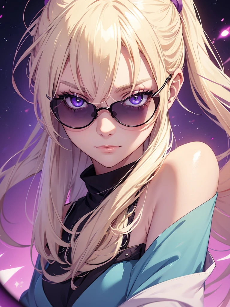 Woman, age 20, blonde hair, hair tied back, wears round sunglasses, blonde eyebrows, white eyelashes, detailed purple eyes, glowing pink eyes, galaxy blue eyes, prismatic different colored eyes, wearing black shirt, high quality, 4k resolution, anime