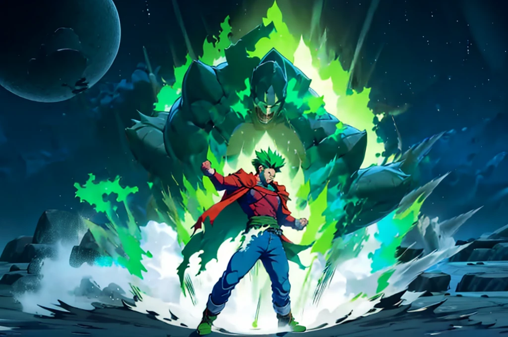 green spiky hair, torn clothes, in sky, clouds, 4k,absurdres, toned muscles,skinny, heroic pose, red cape, torn cape flowing in wind, green aura, distressed jeans,falling side,side view