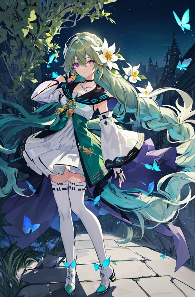 (Masterpiece, Best Quality: 1.4), white Background, Long Hair, Jewelry, Earrings, Necklace, Bride, ((green Hair)), Halo, (Overlook), Dynamic Angle, Ultra Detailed, Illustration, Close Up, Direct Look, 1girl, (Fantasy: 1.4), (Purple Eyes: 1.233), Her Eyes Shine Like Dreamy Stars, (Glow Eyes: 1.233), (Beautiful and Delicate Eyes: 1.1), (green Hair: 1.4), (Messy Hair, Very Long Hair, French braids, hair between the eyes, side hair), (+(white hair flower: 1.14)), (chiffon dress, uniform white flower pattern)/= (military uniform: 1.24), (fingerless gloves), choker, (miko thighhighs), high heeled boots, (expressionless, shut up), (standing), (white flowers, blooming),(Ruins),(Night:1.2),dreamy,Soul,(fluorescent),(Flying Translucent Blue Butterfly:1.15),[Delicate Fingers and Hands:0.55]::0.85], (Finger Detail), (Yubao:0.5),((town background)),((full body)),((turquoise hair)),green hair,((green hair)),night,near the river,Walking in the distance,