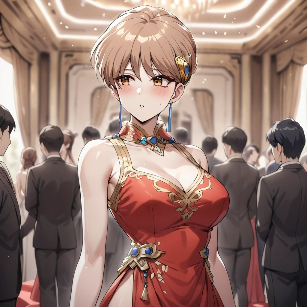 ((Highest quality)), ((masterpiece)), (detailed), (Perfect Face)、The woman is Princess Leona, wearing a gorgeous red Chinese dress with gold embroidery and long light brown hair.、The woman is the center of attention at a ballroom party attended by many people in a luxurious palace.