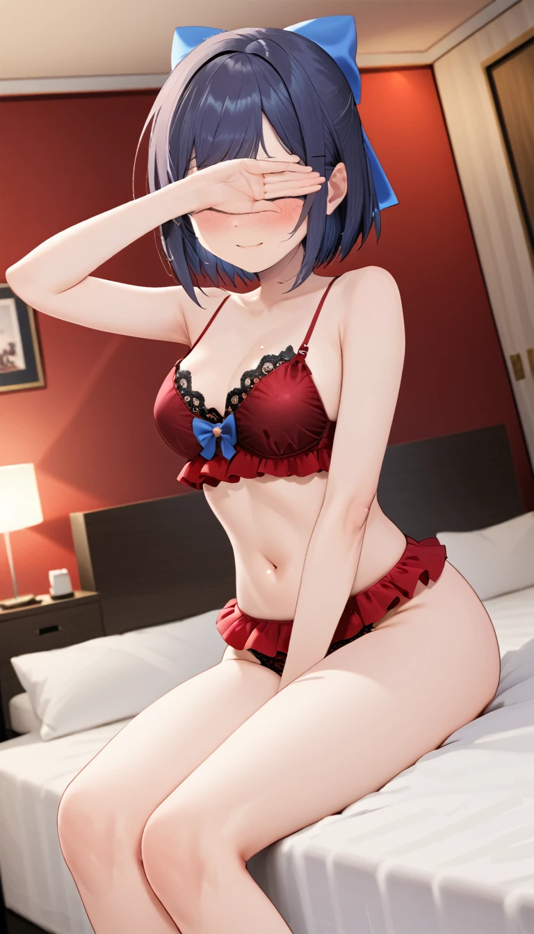 (masterpiece,Highest quality,Ultra-high resolution),(Perfect Face, Perfect body、Perfect hands、Refers to 5 books),((a-chan_1111, black-framed eyewear, blue bow, hair bow,short hair)),(Cute see-through lace bra, cute see-through lace panties,navel),(very young,tiny body),((Blushing, embarrassed)),((Love Hotel、Luxury room,Bedroom,A red-themed room, pink smoke)),(covering eyes),On the bed,W-Sitting