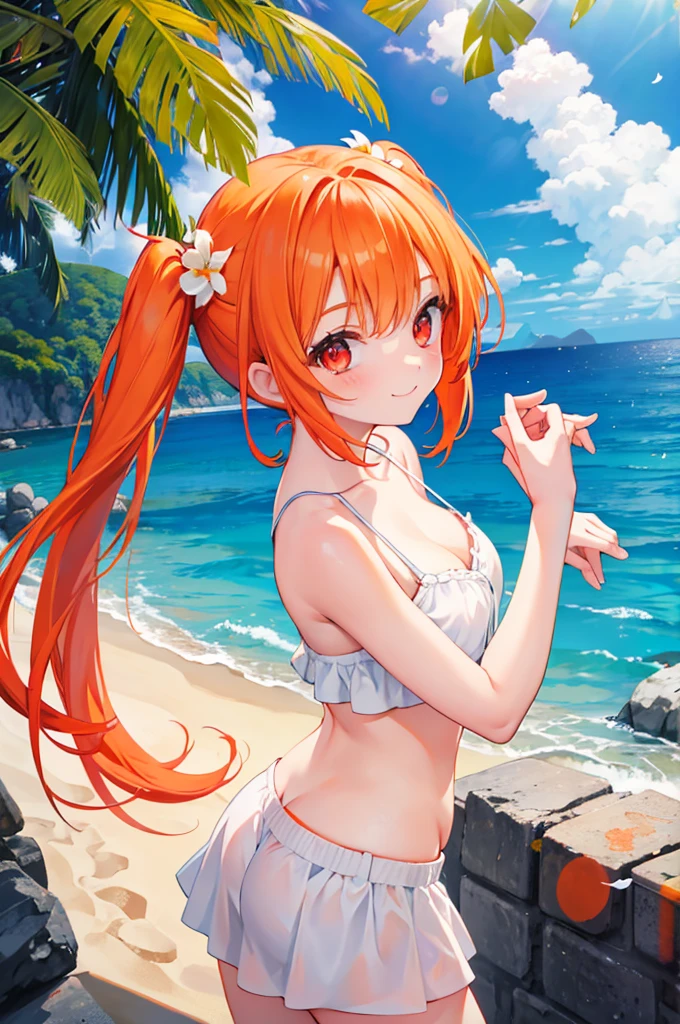 Orange Hair Half Twin Tail Red Eyes beautiful girl blue sea White sand beach Light of the sun smile
