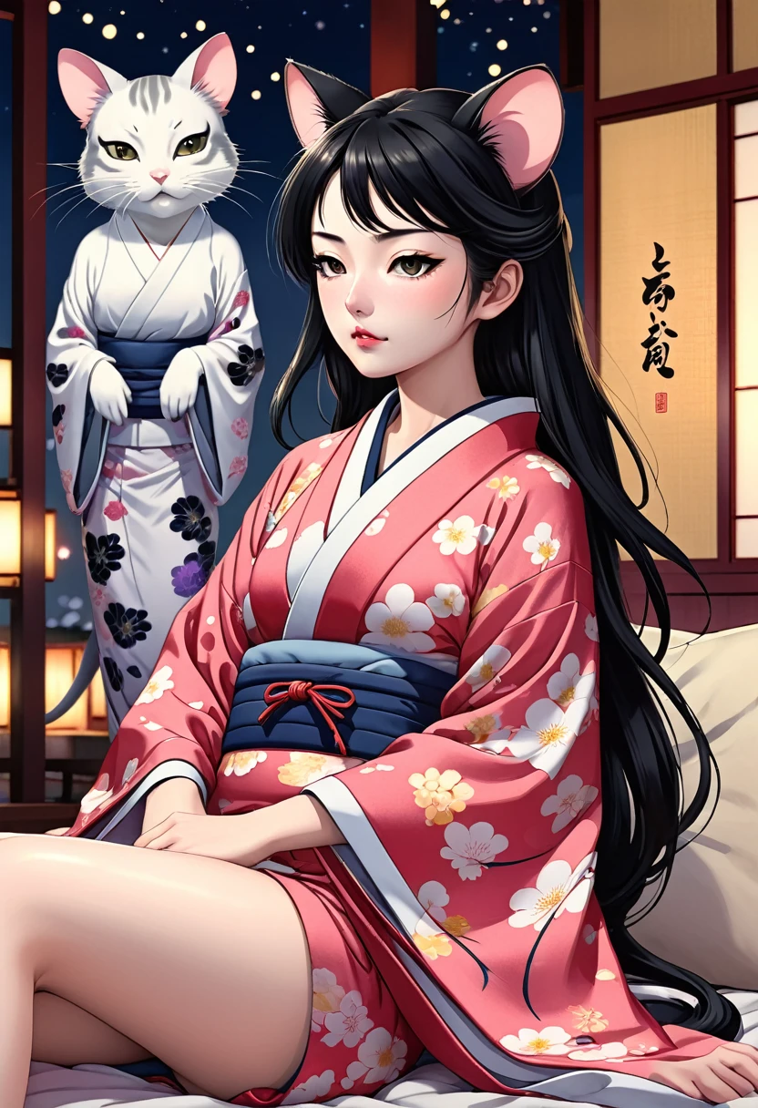 (utamaro style:1.3) , Hallucination, daydream , nightmare , Insane Dream , bokeh , erotica , romance , realistic mouse girl and realistic cat man , kimono , futon