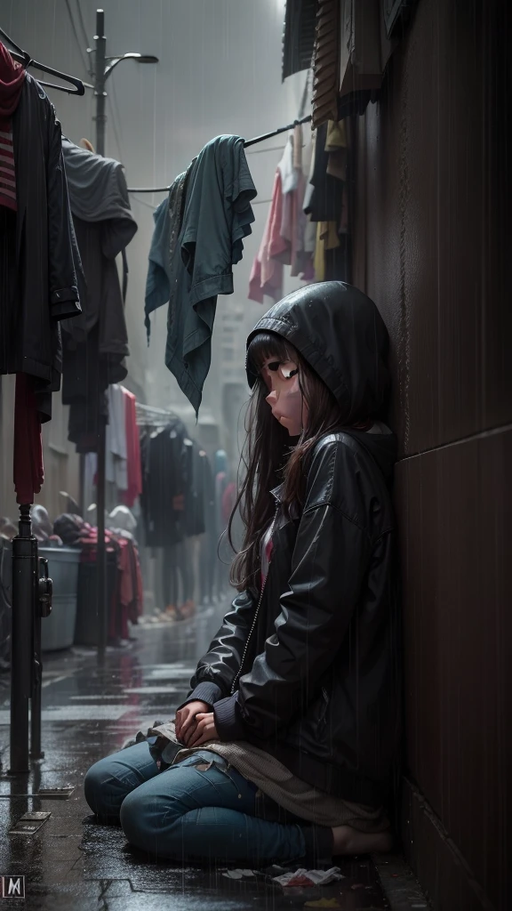 A poor girl is sleeping in the street while people pass by her and the rain falls on her clothes in pieces