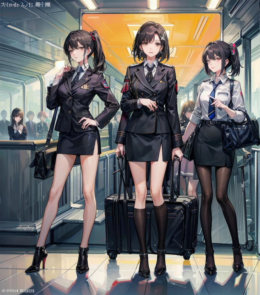 full body, medium tits, medium hair, black hair, tearful mole, earring, 3girls, flight attendant, different uniforms, tight uniforms, high heels, airport