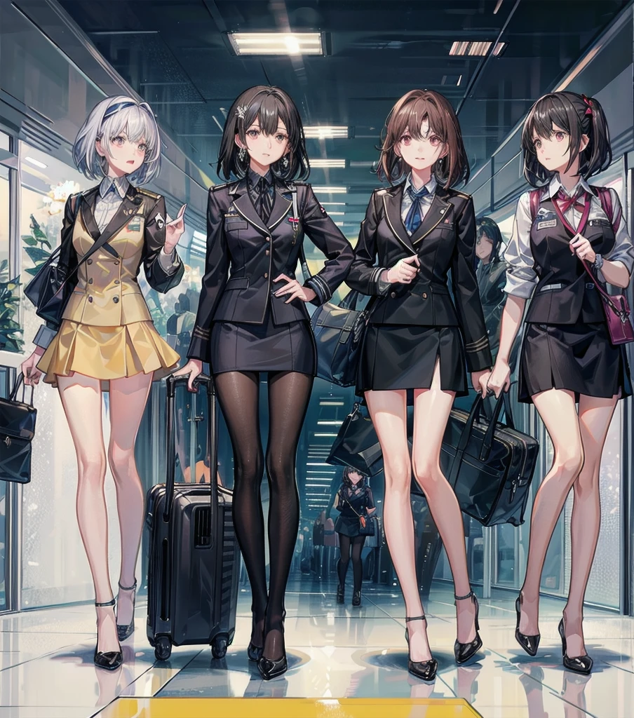 full body, medium tits, medium hair, black hair, tearful mole, earring, 3girls, flight attendant, different uniforms, tight uniforms, high heels, airport