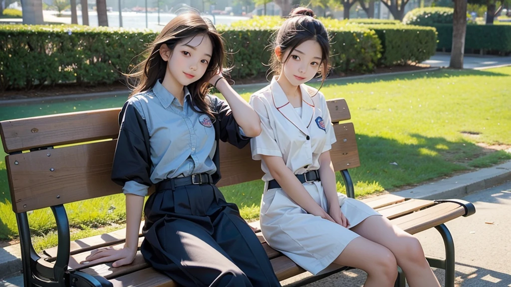 summer、Park with an ocean view、Woman sitting on a park bench、squirt,、16 year old school girl in uniform