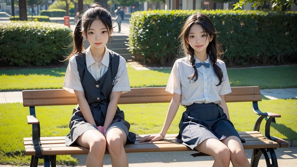 summer、Park with an ocean view、Woman sitting on a park bench、squirt,、16 year old school girl in uniform
