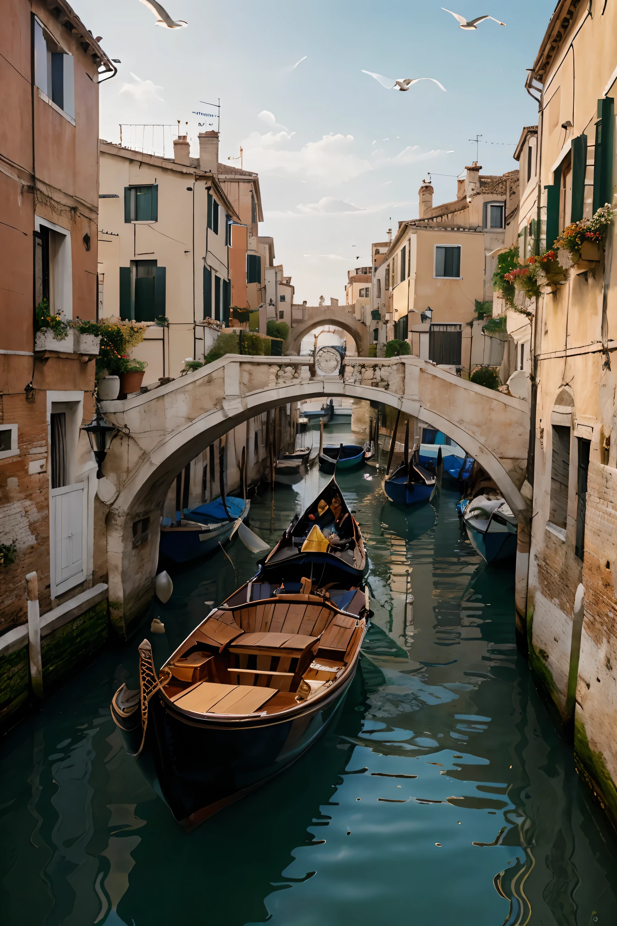 (Highest quality,4K,8K,High resolution,masterpiece:1.2),Super detailed,(Realistic,photoRealistic,photo-Realistic:1.37),Venice at sunset,gondola,Vaporetto,Reflected Canal,Serene atmosphere,Vibrant colors,Golden shades,Romantic atmosphere,Glowing Light,Water Ripples,building silhouette,Italy architecture,Stunning Skyline,Dreamy settings,Peaceful atmosphere,sunset,Boat gliding on water,Ornate bridge,Calm sea,Breeze,Seagulls flying overhead,Sparkling Reflection,Canal running through the city,象徴的なgondola漕ぎ,A genuine Venetian experience,Hidden alleys,Waterfront Cafe,Cozy atmosphere,Whispers of Romance,Heavenly Beauty,Paintings like watercolor,A postcard-worthy scene,Magical atmosphere