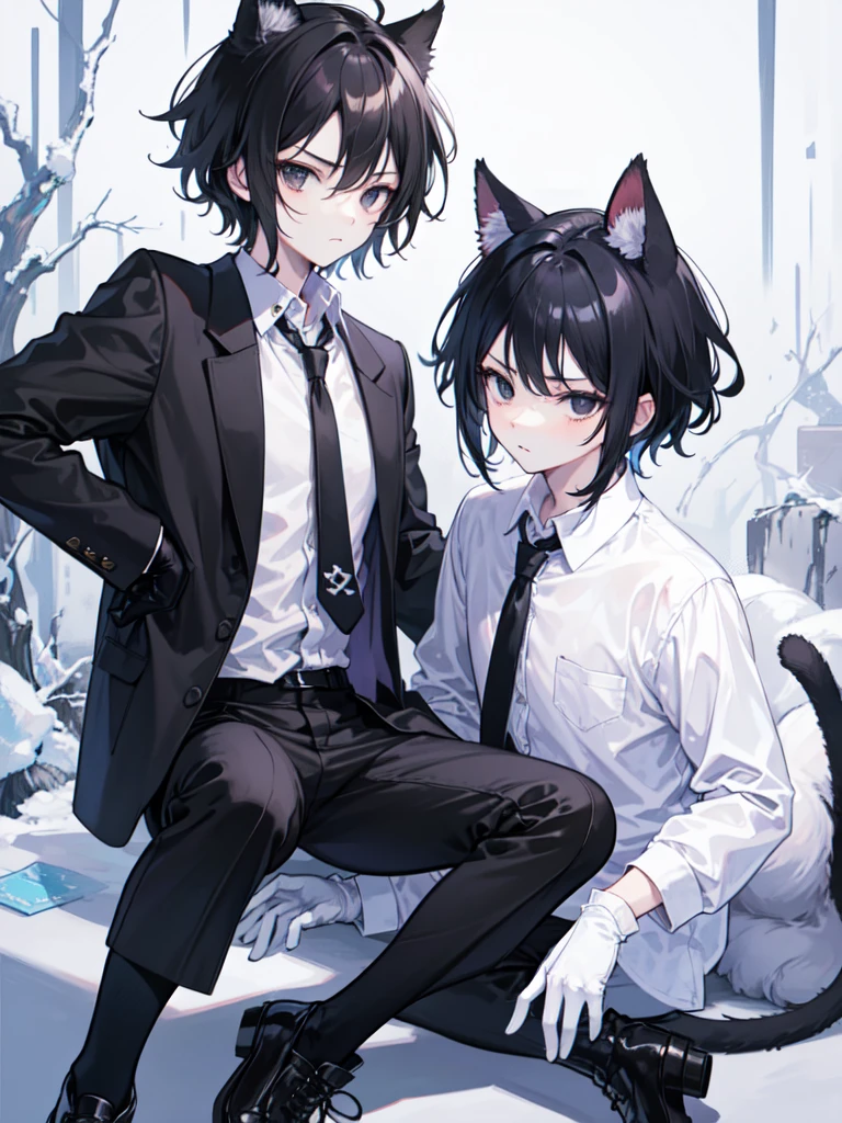 18-year-old Shota，cute，Wear a white long-sleeved shirt and a black work tie，Wear black pants，Wear black booties，Wear white gloves，wear cat ear，Black hair，Black eyes，Handsome，Disdainful and cold expression