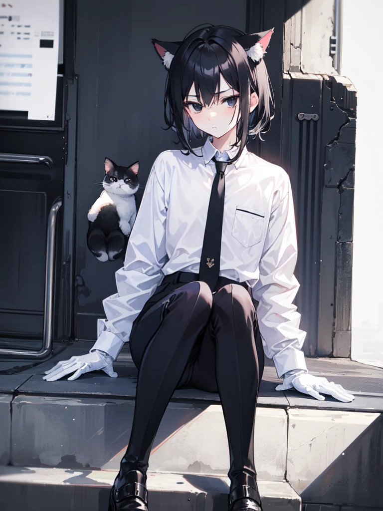 18-year-old Shota，cute，Wear a white long-sleeved shirt and a black work tie，Wear black pants，Wear black booties，Wear white gloves，wear cat ear，Black hair，Black eyes，Handsome，Disdainful and cold expression