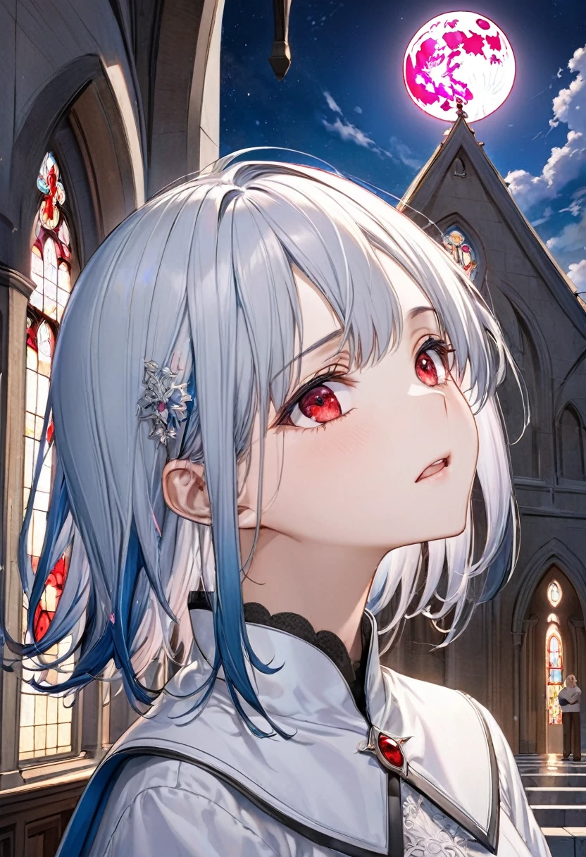 (profile:2 close-up face), (( yo)), (a crew cut silver hair very short hair divine cool boy, detailed red eyes, Confusion face, flat chest), break, (a forehead blue hair long hair girl), break, (he is haging for her head), (in the Chapel Terrace), (background detailed biggest pink moon), BREAK, perfect anatomy, masterpiece, best quality, 16k, beautiful detailed night, daydreaming expression.
