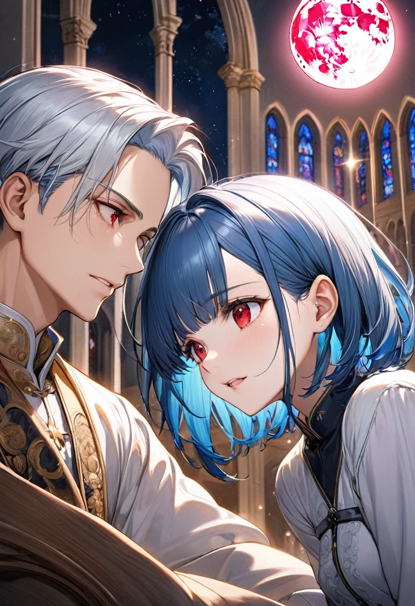 (profile:2 close-up face), ((16 yo)), (a crew cut silver hair very short hair divine cool boy, detailed red eyes, Confusion face, flat chest), break, (a forehead blue hair long hair girl), break, (he is haging for her head), (in the Chapel Terrace), (background detailed biggest pink moon), BREAK, perfect ???????, masterpiece, best quality, 16k, beautiful detailed night, daydreaming expression.
