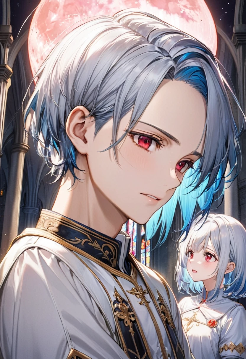 (profile:2 close-up face), (( yo)), (a crew cut silver hair very short hair divine cool boy, detailed red eyes, Confusion face, flat chest), break, (a forehead blue hair long hair girl), break, (he is haging for her head), (in the Chapel Terrace), (background detailed biggest pink moon), BREAK, perfect anatomy, masterpiece, best quality, 16k, beautiful detailed night, daydreaming expression.