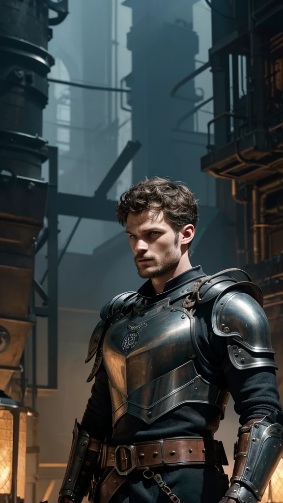 a man with multiple suits of armour,detailed face of jamie dornan,steampunk industrial dystopian background,dramatic lighting,moody cinematic atmosphere,muted color palette,award winning concept art,high quality digital painting,cinematic composition,intricate mechanical details,photorealistic rendering,hyper detailed