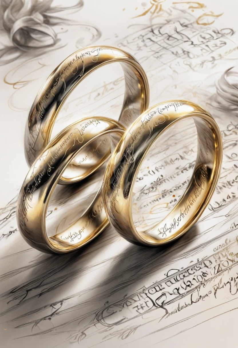 Anime line art of two mystical golden rings with Elven enscriptions engraved on them, up close shot, from The Lord Of The Rings trilogy, in dynamic pose, by Anna Razumovskaya, sketch, best quality, masterpiece, very aesthetic, perfect composition, intricate details, ultra-detailed, B&W