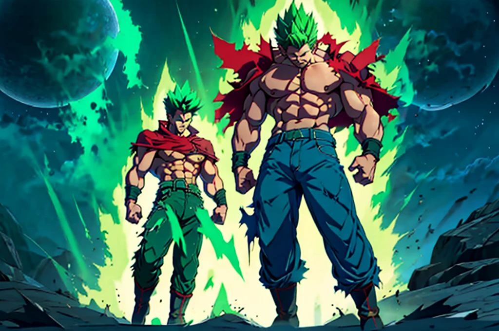 green spiky hair, torn clothes, in sky, clouds, 4k,absurdres, toned muscles,skinny, heroic pose, red cape, torn cape flowing in wind, green aura, distressed jeans,falling side,side view