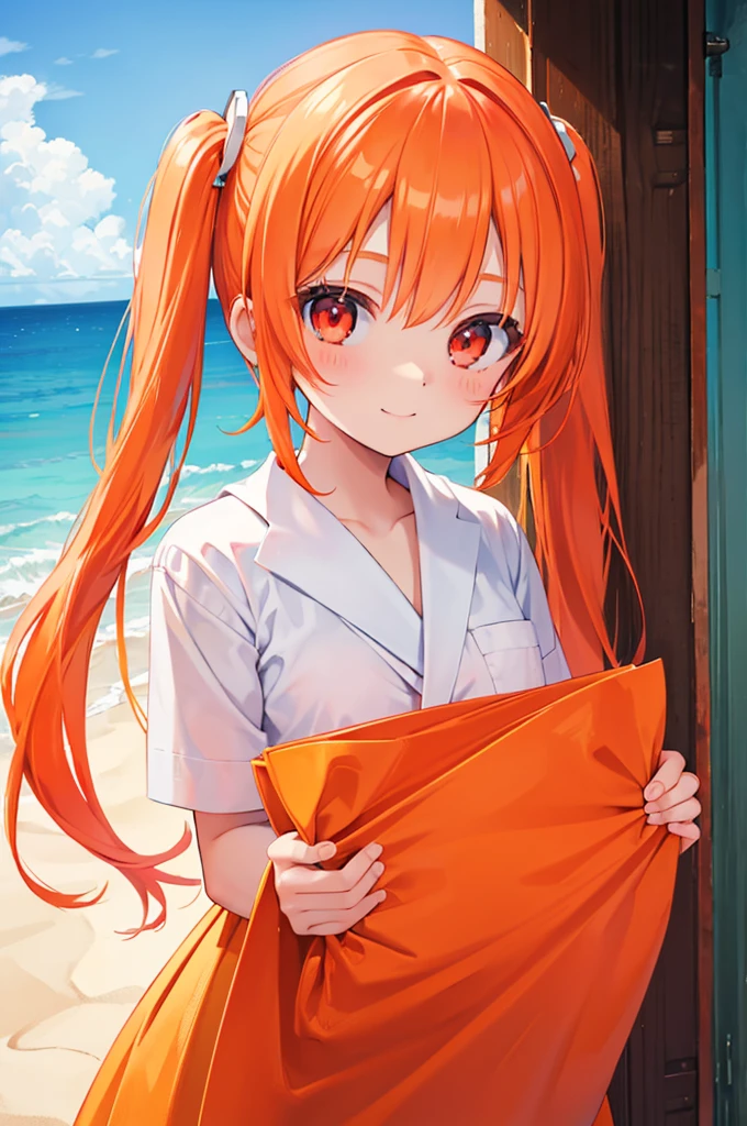 Orange Hair　Half Twin Tail　Red Eyes　beautiful girl　blue sea　White sand beach　Light of the sun　smile