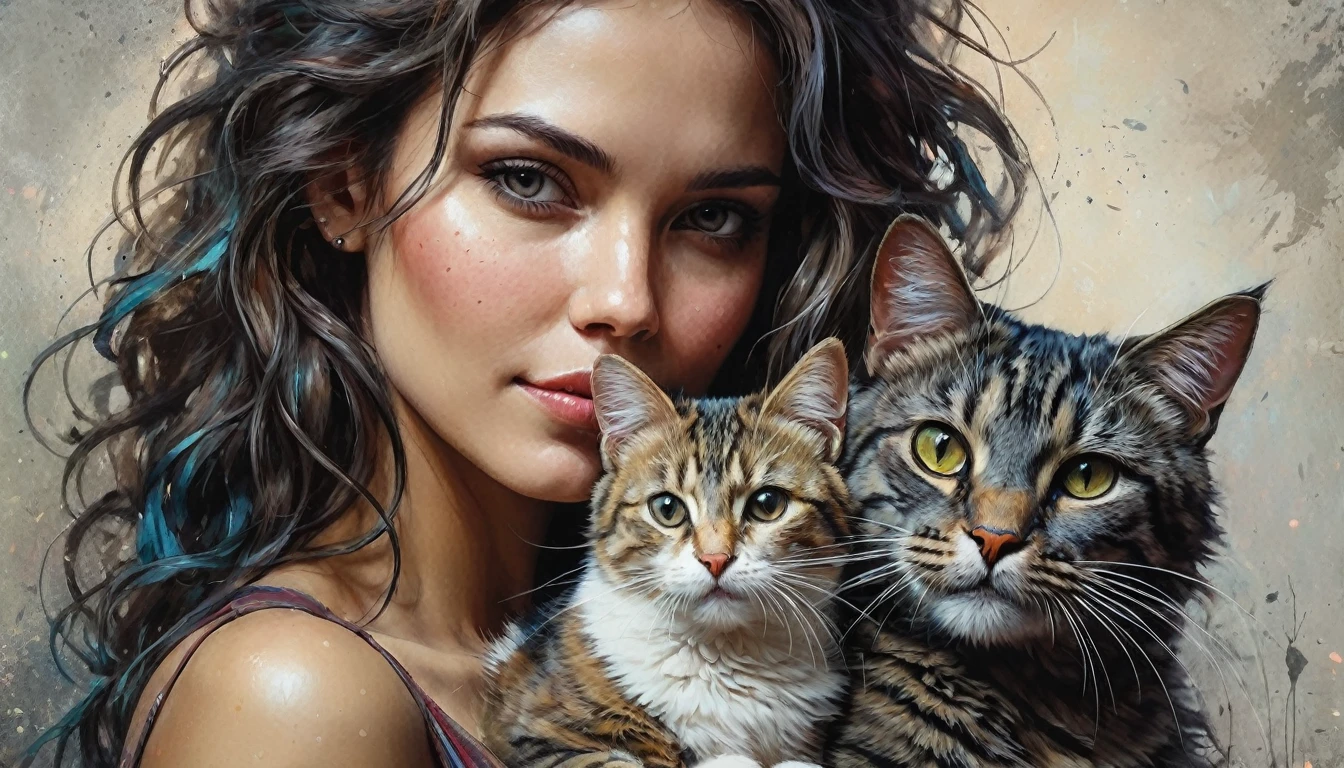 half  body,
a woman with her best friend her cat,
dark complex background, style by Thomas Kinkade+David A. Hardy+Carne Griffiths+Mandy Disher half vivid colors fine art, best quality, high detailed, detailed faces, 2d,