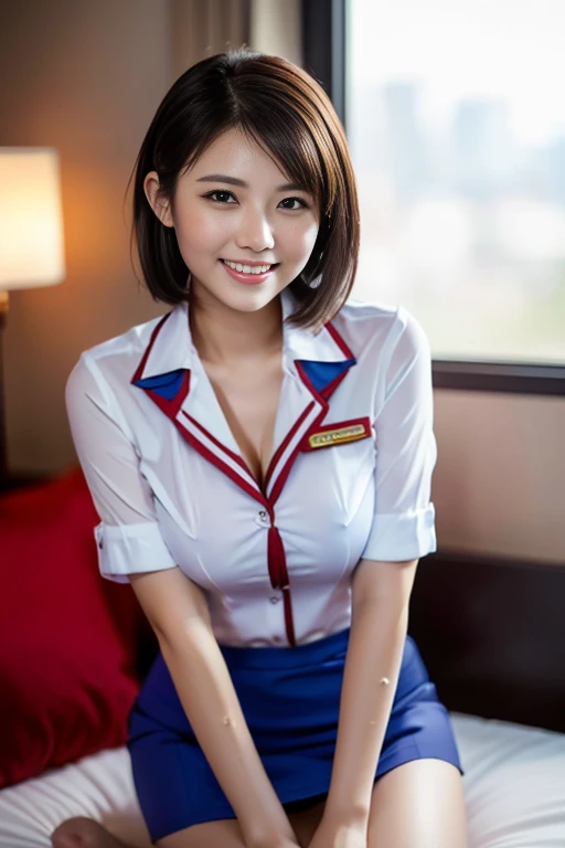 (a gorgeous lady, age 21, Flight Attendant uniform, Shenzhen Airlines Stewardess, wet white shirt and wet red mini-skirt, kneeling on a bed,in her room, dimpled smile, short ponytai hair, short bob hair, cute snaggleteeth, well-endowed round bosom, long flawless legs, photorealistic, beautiful detailed eyes, beautiful detailed face, hyper-realism, high contrast, ultra HD, realistic skin textures, top image quality, top-quality, super high resolution, fine details, very meticulously, romantic night, bokeh background)